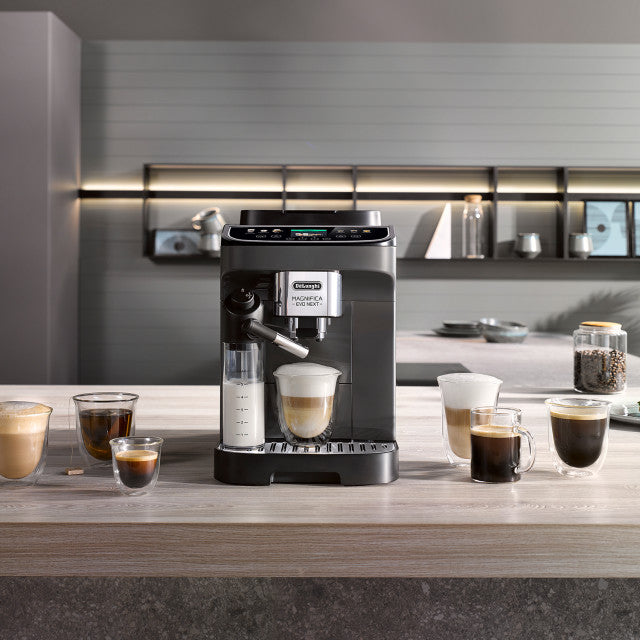 DeLonghi Magnifica Evo Next Bean to Cup Coffee Machine on the kitchen counter with coffee cups