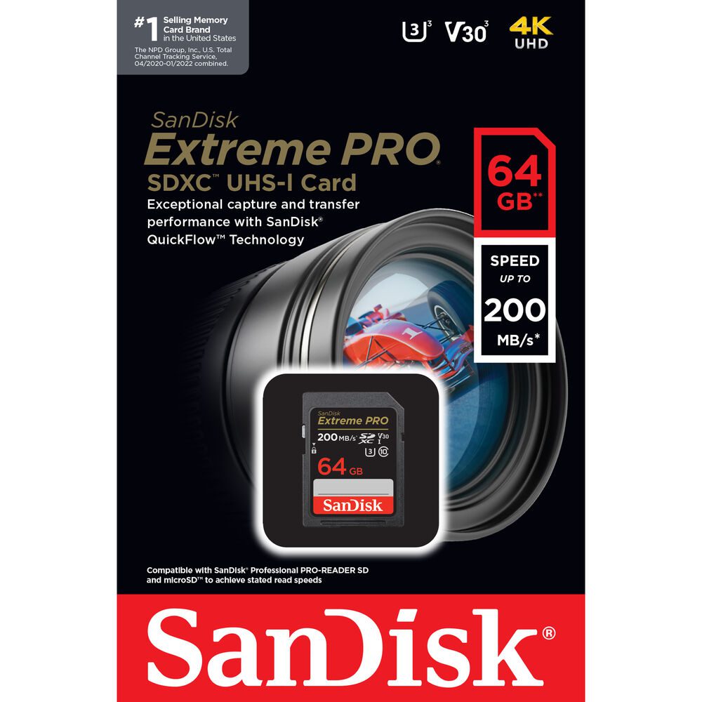 SanDisk Extreme Pro SD UHS I 64GB Card for 4K Video 200MB/s Read &amp; 90MB/s Write